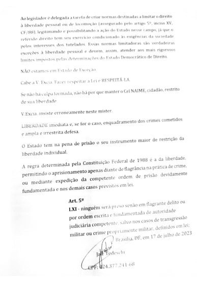 Carta aberta escrita pelo coronel Jair Tedeschi ao ministro Alexandre de Moraes