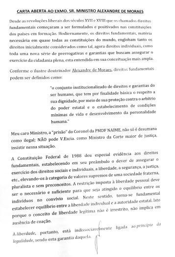 Carta aberta escrita pelo coronel Jair Tedeschi ao ministro Alexandre de Moraes