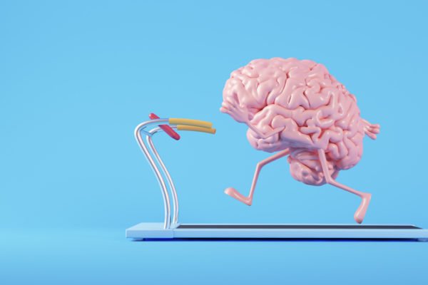 Ilustração em 3D mostra um cérebro humano com membros correndo em uma esteira - Metrópoles