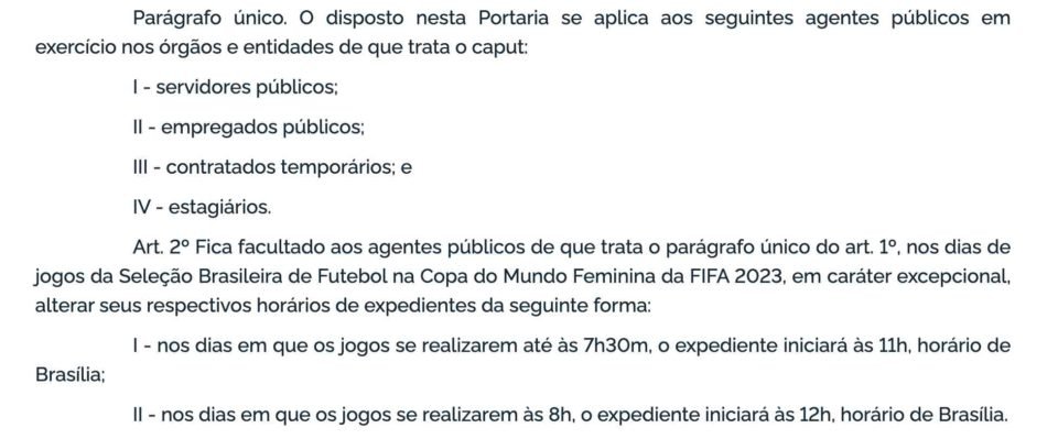 Portaria estabelece orientações do expediente nos dias de jogos da Seleção  Brasileira de Futebol na Copa do Mundo Feminina da FIFA 2023.