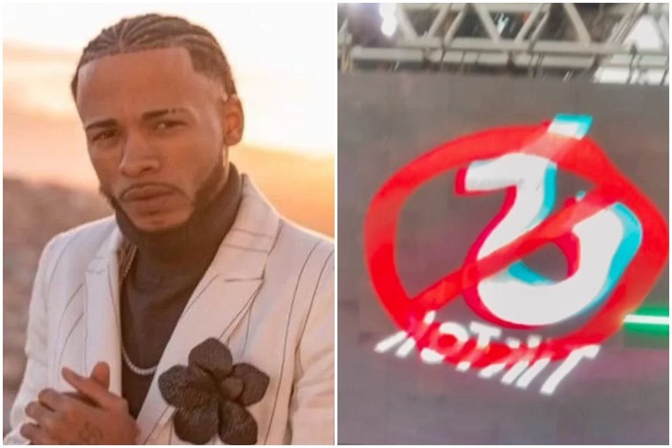 Montagem com a foto do DJ Rennan da Penha e uma foto de proibição do TikTok - Metrópoles