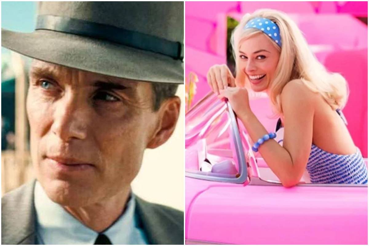 Montagem colorida de Cillian Murphy em Oppenheimer e de Margot Robbie em Barbie - Metrópoles