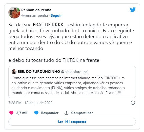 Print envolvendo Rennan da Penha e Biel do Furduncinho - Metrópoles