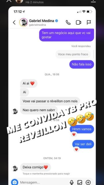 Imagem do direct do Instagram. Na imagem, Diego Aguiar mostra conversas de Gabriel Medina com mulheres - Metrópoles