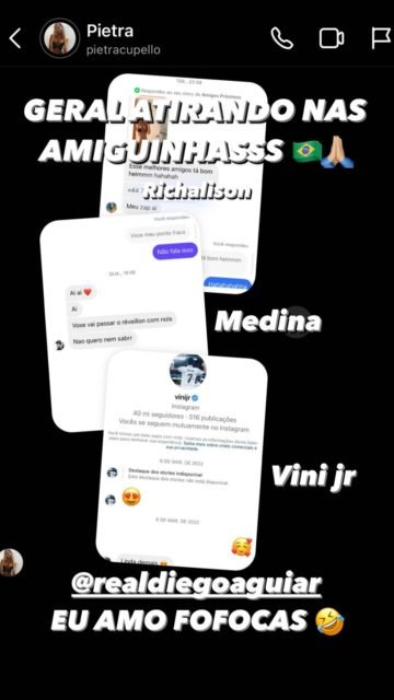 Imagem do direct do Instagram. Na imagem, Diego Aguiar mostra conversas de Vini Jr., Richarlison e Gabriel Medina com mulheres - Metrópoles