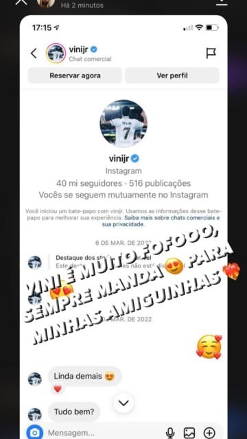 Imagem do direct do Instagram. Na imagem, Diego Aguiar mostra conversas de Vini Jr. com mulheres - Metrópoles