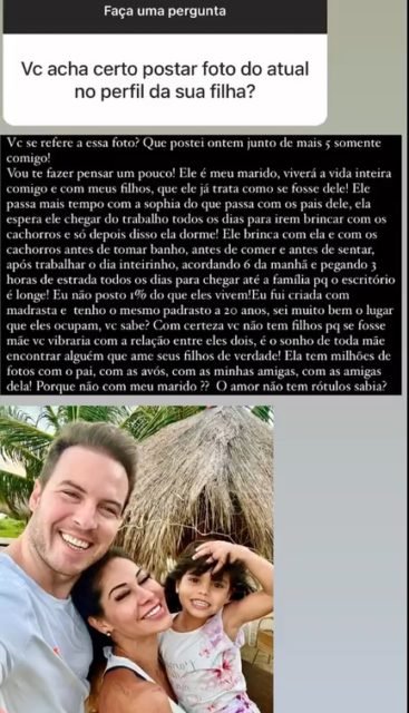 Foto colorida dos Stories de Maíra Cardi. Na imagem, é possível ver um longo texto de desabafo, além de uma pergunta feita na caixinha. há também uma foto de Maíra Cardi, Thiago Nigro e Sophia - Metrópoles