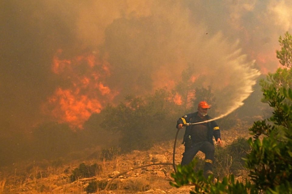Bombeiro com mangueira na mão tenta controlar chamas de incêndio em floresta - Metrópoles