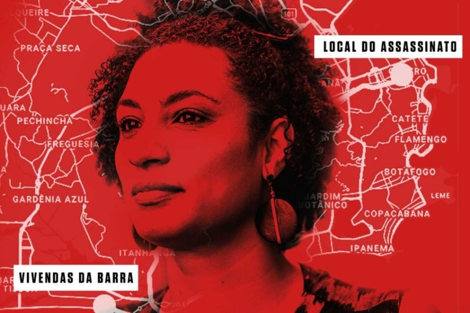 ilustração com o rosto de Marielle Franco e mapa do Rio de Janeiro com fundo vermelho