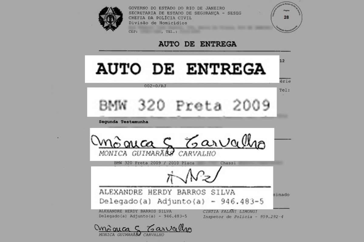 arte fac simile do auto de entrega de BMW do Macalé para Mônica apreendida pela Policia Civil do Rio - Metrópoles