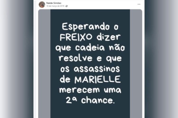 Print de publicação da Neide, mãe do Jomarzinho, no Facebook sobre caso Marielle - Metrópoles