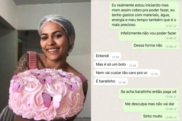 Na foto, uma mulher segurando bolo com chantilly rosa e um print de conversa do Whatsapp - Metrópoles