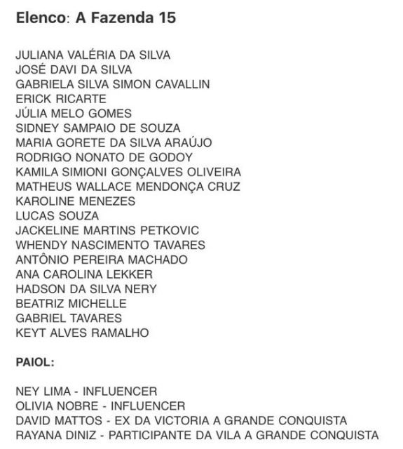 A Fazenda 15: Veja a lista dos participantes confirmados - 14/09/2023 - A  Fazenda 15 - F5