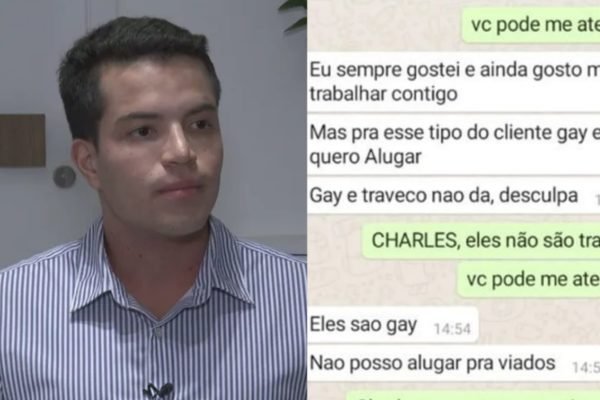 Foto mostra montagem com rosto de homem durante uma entrevista a esquerda e a direita um print de conversa com mensagens homofóbicas por ele ser gay