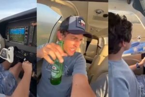 Imagem colorida de homem vitima de queda de avião tomando cerveja enquanto o filho de 12 anos pilota - Metrópoles