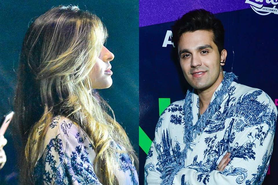 Foto colorida mostra montagem de loira misteriosa e Luan Santana em show de Curitiba com mesma roupa - Metrópoles