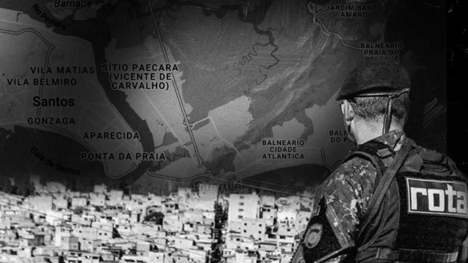 Montagem em preto braco com mapa do guarujá e policial do rota