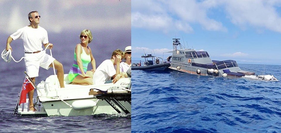 montagem de imagem colorida da princesa Diana em iate ao lado de imagem colorida do mesmo iate naufragado décadas depois - Metrópoles