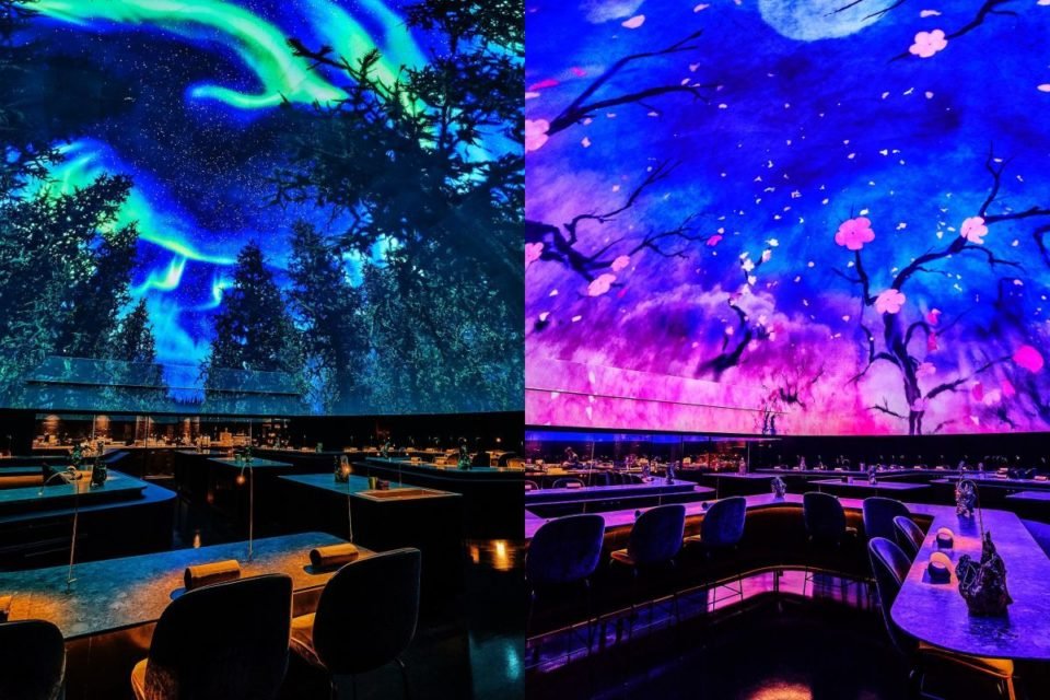 Colagem de duas imagens de um restaurante com projeções grandes na parede com paisagens da natureza - Metrópoles