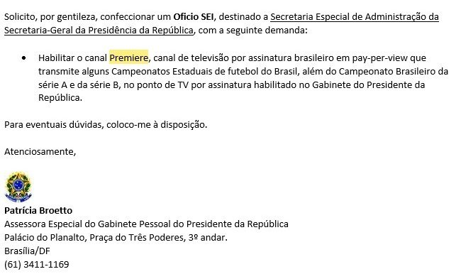 Print de email enviado para ajudante de ordens de Bolsonaro em que presidente solicita habilitação de sinal de canais da TV Globo