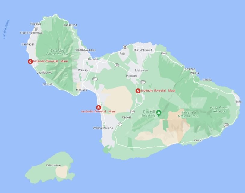 Imagem colorida de mapa de incêndios em Maui, Havaí - Metrópoles