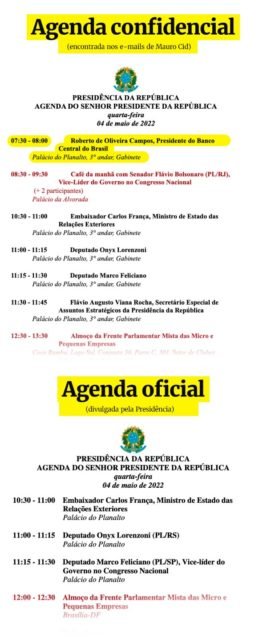 Comparação com a agenda confidencial e a agenda oficial de Jair Bolsonaro no dia 4 de maio de 2022