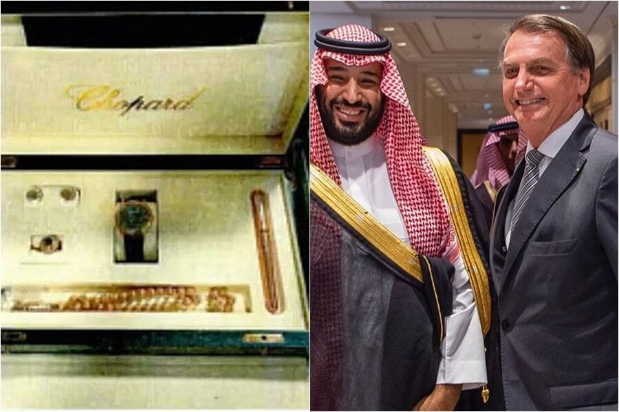 Imagem mostra Bolsonaro ao lado de principe saudita, além disso há um estojo com joias -Metrópoles