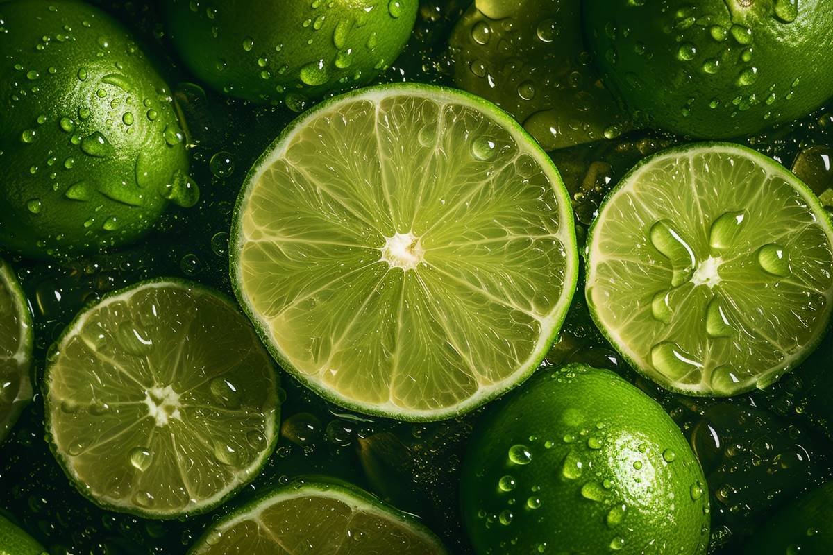 Foto colorida de limes cortados e inteiros molhados - Metrpoles