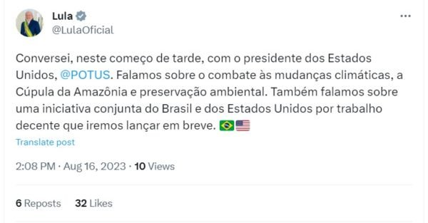 imagem de tuíte do presidente lula - metrópoles