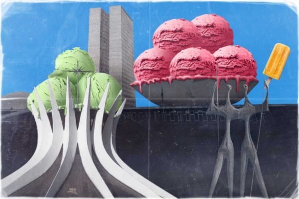 Arte colorida com a Catedral e o Congresso Nacional recheados com bolas de sorvete - Metrópoles