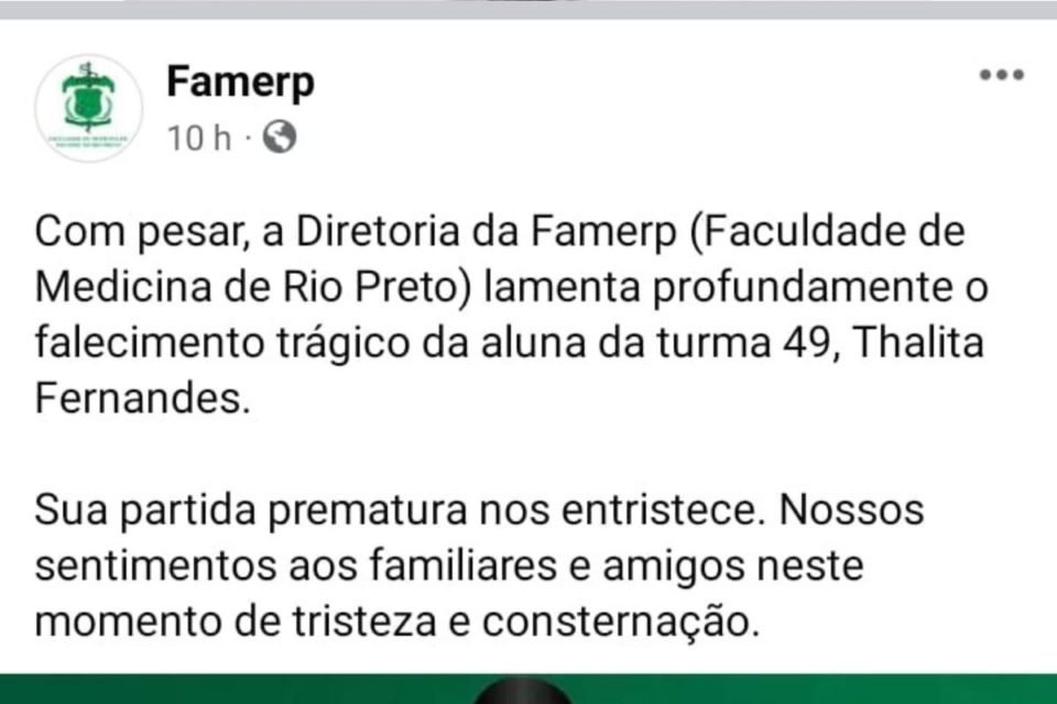 Recorte da nota de pesar divulgada pela Famerp - Metrópoles