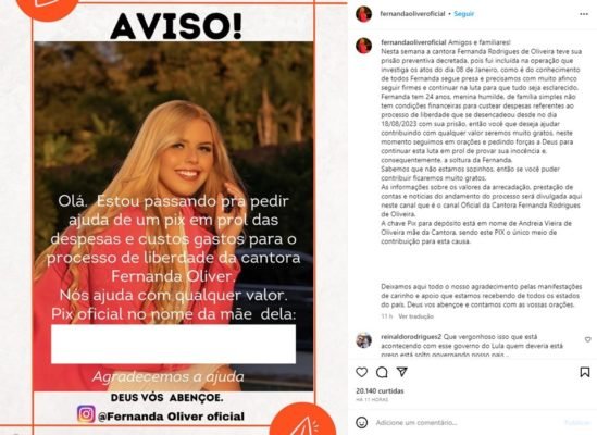 Imagem colorida da captura de tela do perfil da cantora gospel Fernanda Ôliver, presa pela PF por envolvimento nos atos antidemocráticos do 8/1 - Metrópoles