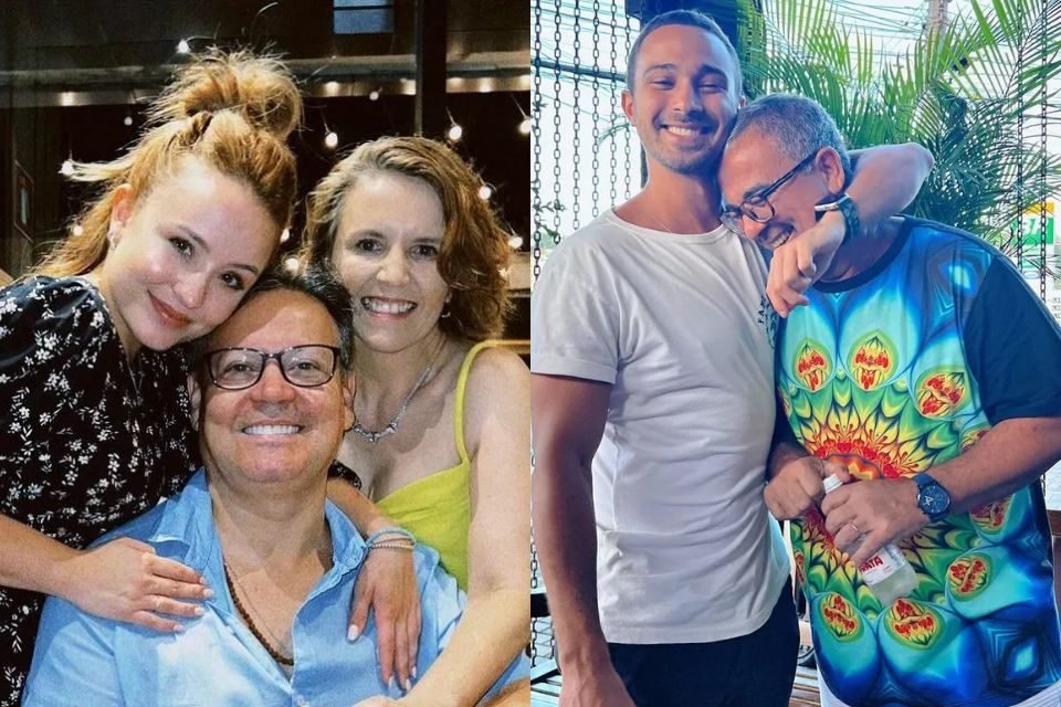 Larissa Manola de um lado, com a família, e do outro André Luiz Frambach com o pai - Metrópoles