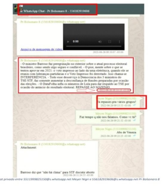 Imagem colorida mostra mensagem supostamente de Bolsonaro mandando enviar fake news para grupos de WhatsApp