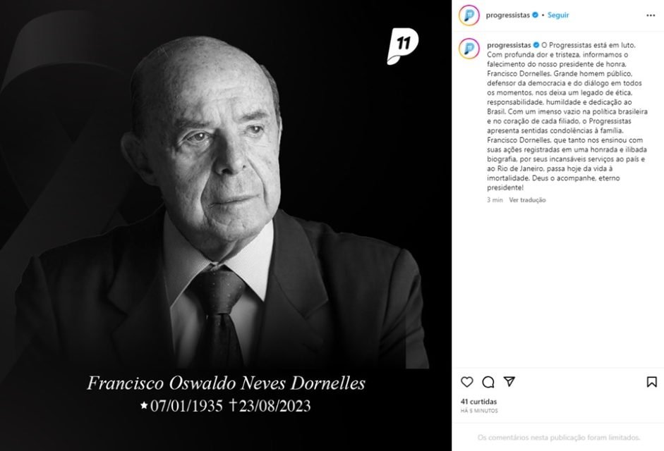 Imagem colorida de post sobre a morte do ex-governador Francisco Dornelles - Metrópoles