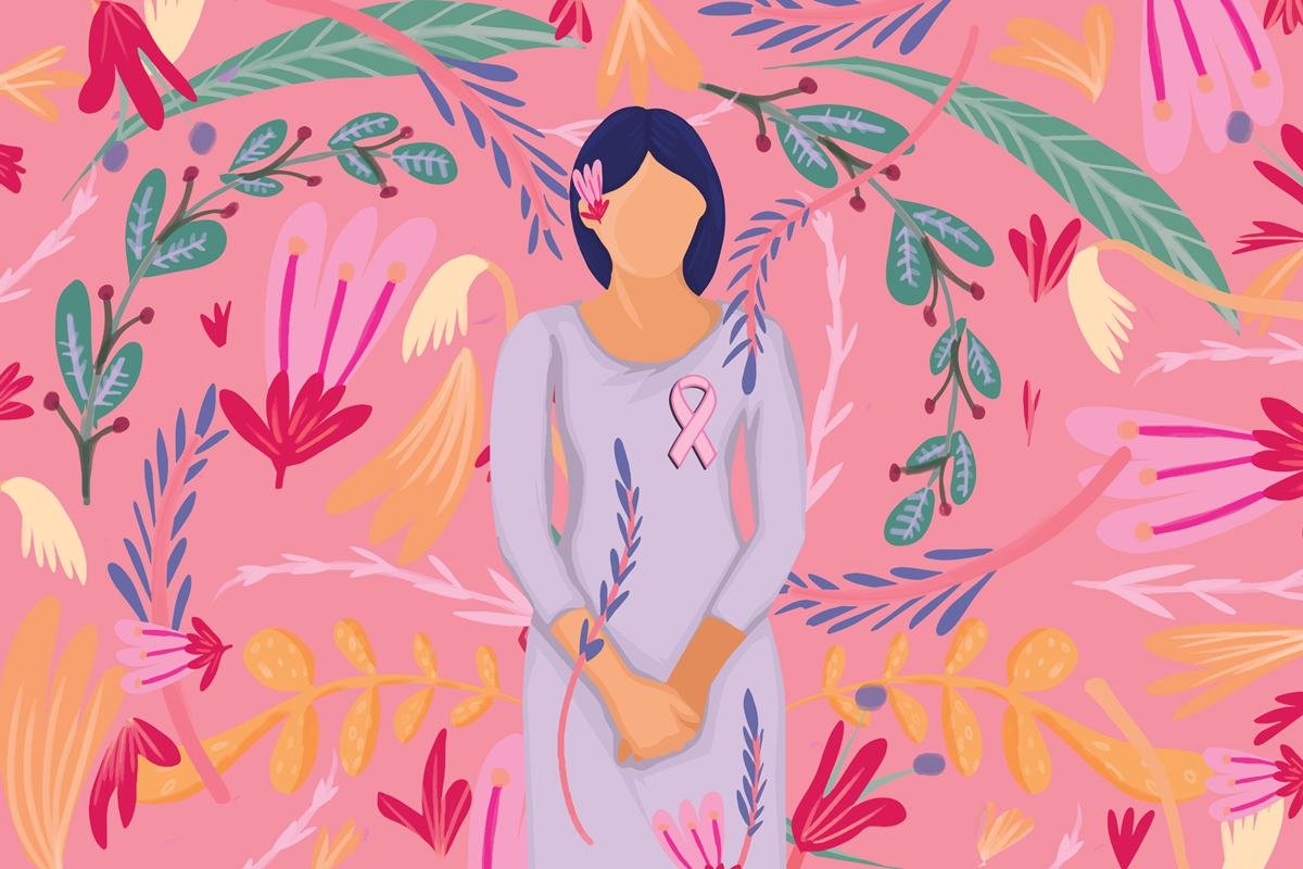 Ilustração colorida mostra mulher com a fita típica do câncer de mama e cercada de plantas e flores - Metrópoles