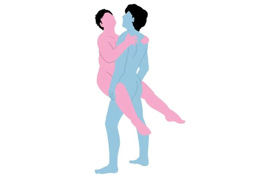 Ilustração colorida em azul e rosa de posição sexual - Metrópoles