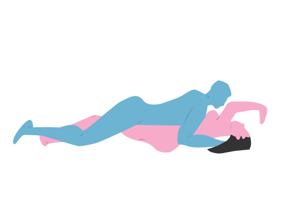 Ilustração colorida em azul e rosa de posição sexual - Metrópoles