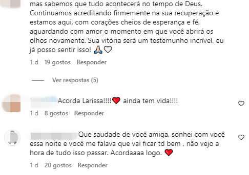 Nutrição e viagens: veja fotos da influencer do DF que morreu no RS 11 prints de comentários no instagram