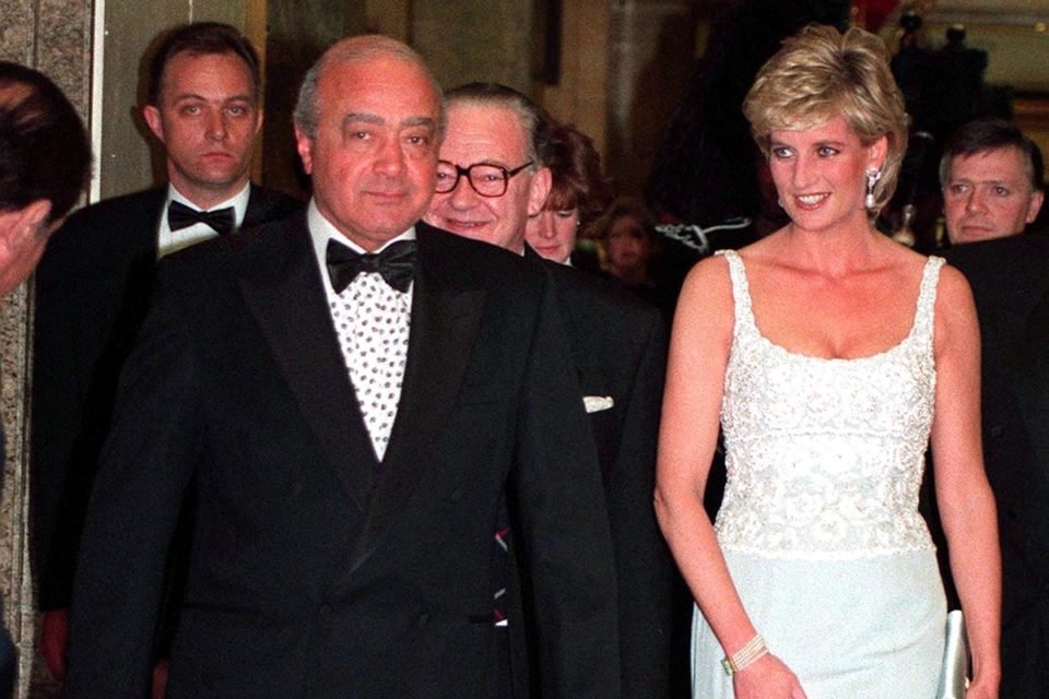 Princess Diana with Mohammed Al Fayed attending a charity dinner for the Harefield Heart Unit held at Harrods, London, February 1996. Diana wears a pale blue Catherine Walker dress. (Photo by Jayne Fincher/Getty Images)
