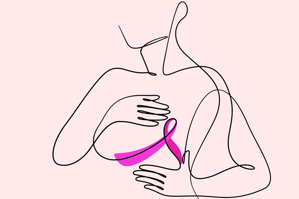 Ilustração com uma linha contínua mostra uma mulher fazendo o autoexame da mama em fundo rosa - Metrópoles