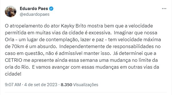 Imagem colorida de postagem do governador Eduardo Paes sobre atropelamento de Kayky Brito - Metrópoles