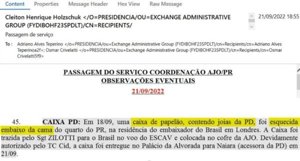 Email sobre caixa de joias esquecida embaixo da cama de Michelle e Bolsonaro na embaixada do Brasil em Londre
