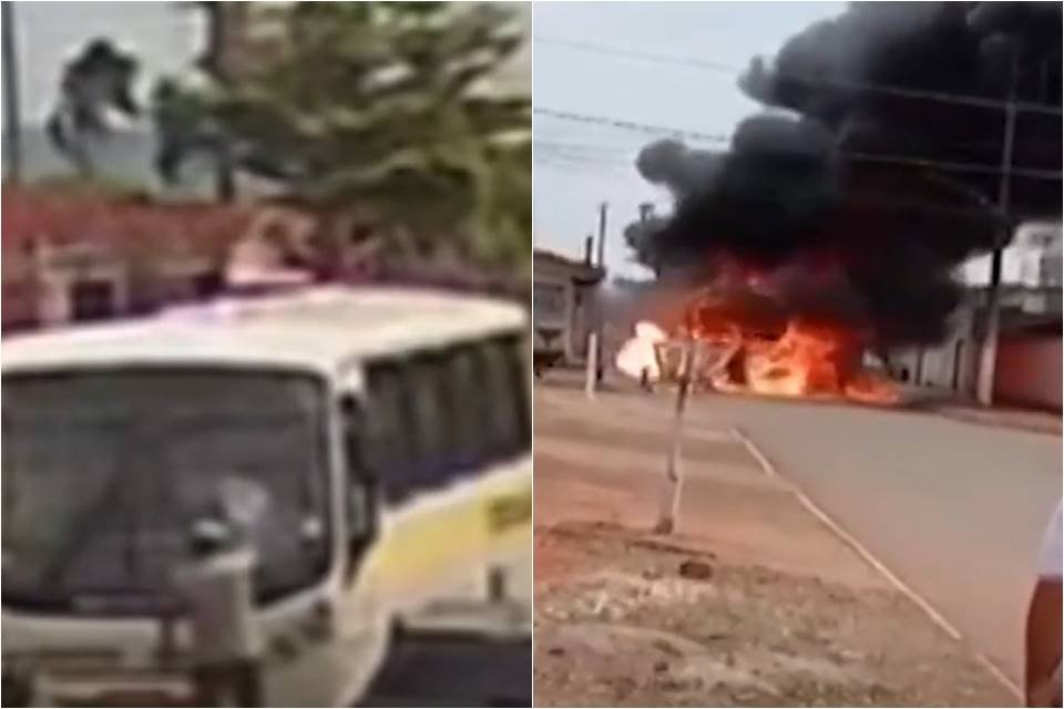 Foto colorida do momento em que homem ateia fogo em ônibus em Goiás - Metrópoles