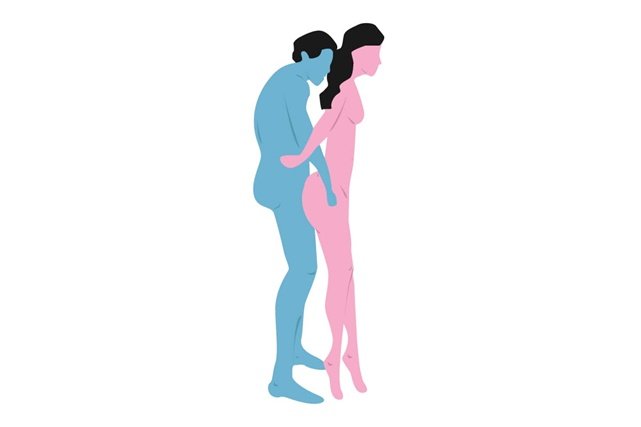 Ilustração colorida em azul e rosa de posição sexual - Metrópoles