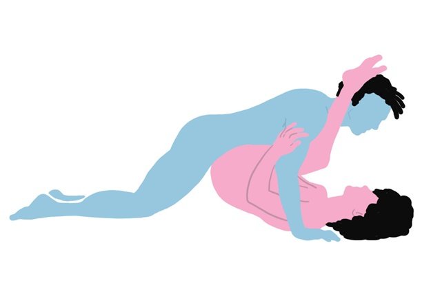 Ilustração colorida em azul e rosa de posição sexual - Metrópoles