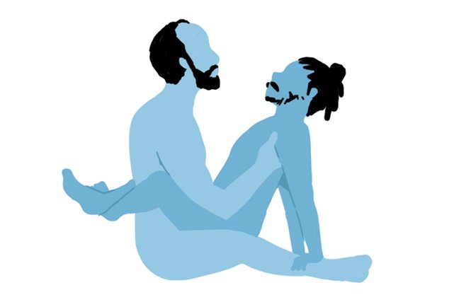 Ilustração colorida em azul e rosa de posição sexual - Metrópoles