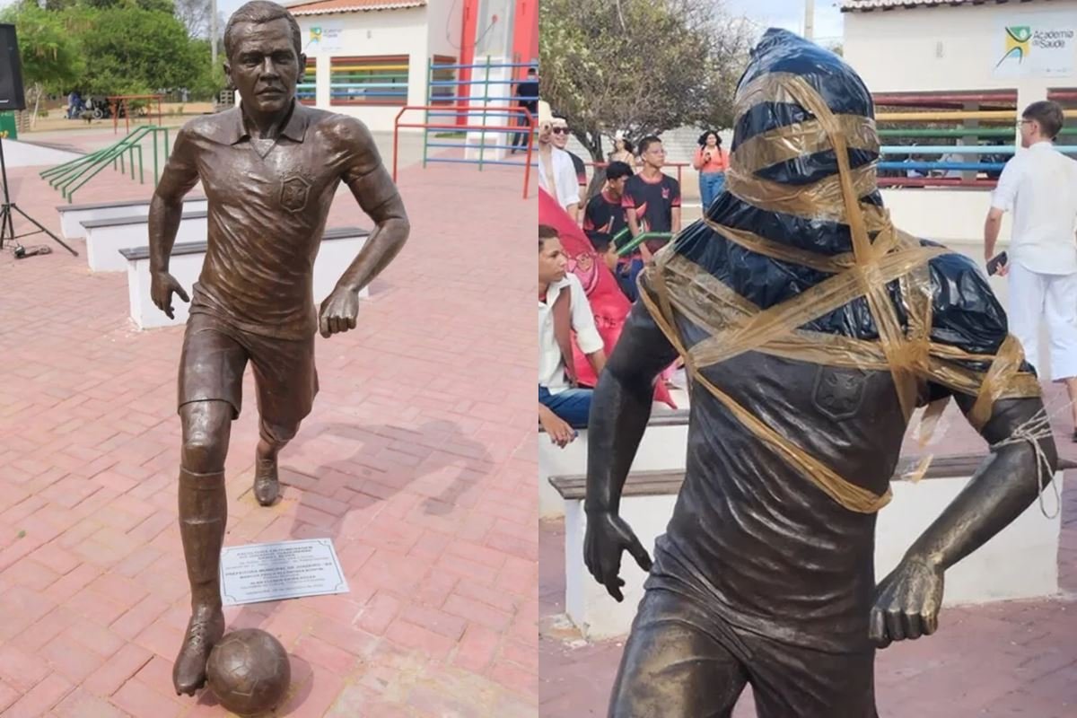 Estátua de Daniel Alves é vandalizada na cidade natal do atleta | Metrópoles