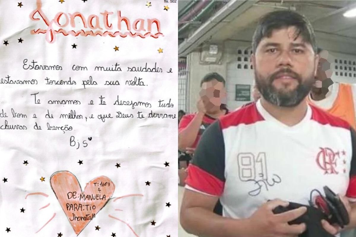 Montagem com duas imagens. À esquerda, carta escrita por aluno, com coração desenhado. À direita, foto de Joanathan com a camisa do Flamengo - Metrópoles