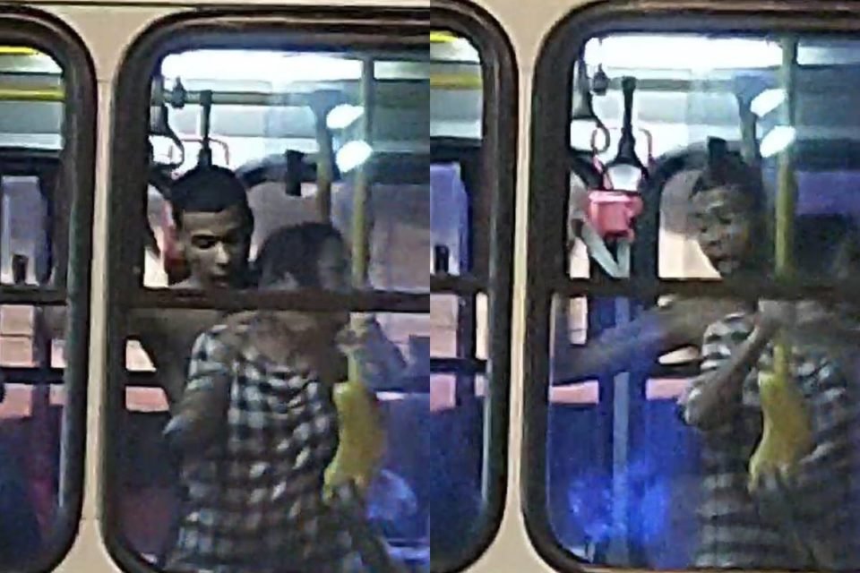 montagem com fotos coloridas de homem segurando mulher pelo pescoço com uma mão enquanto segura faca com outra dentro de ônibus - metrópoles